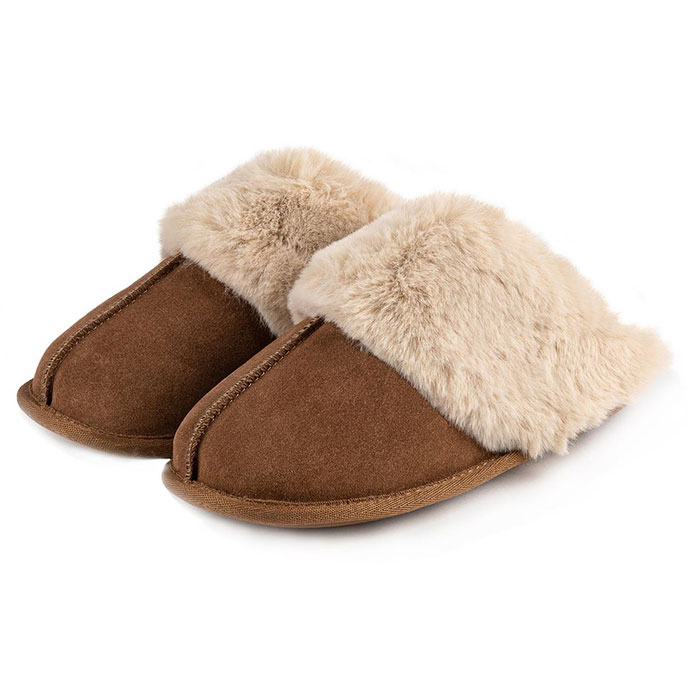 Isotoner Ladies Real Suede Mule with Fur Cuff Tan Extra Image 1